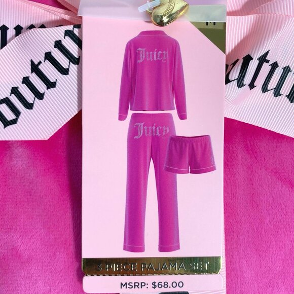 Juicy Couture Logo 3 Piece Top, Pants & Shorts Pink Pajama Gift Set Size M or L - Picture 3 of 6